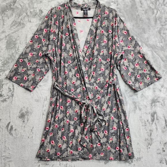 Rene Rofe Robe Womens XL Gray Pink Floral Lace Kimono Cami Top Lounge Casual 2pc - Picture 2 of 16